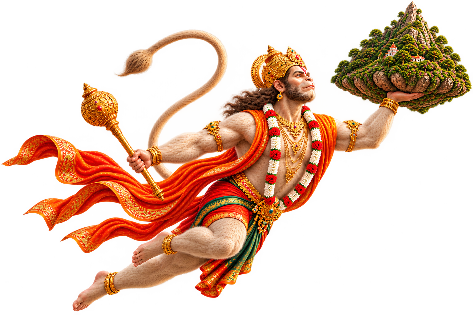 Hanuman vlando con la gada y llevando la montaña sagrada